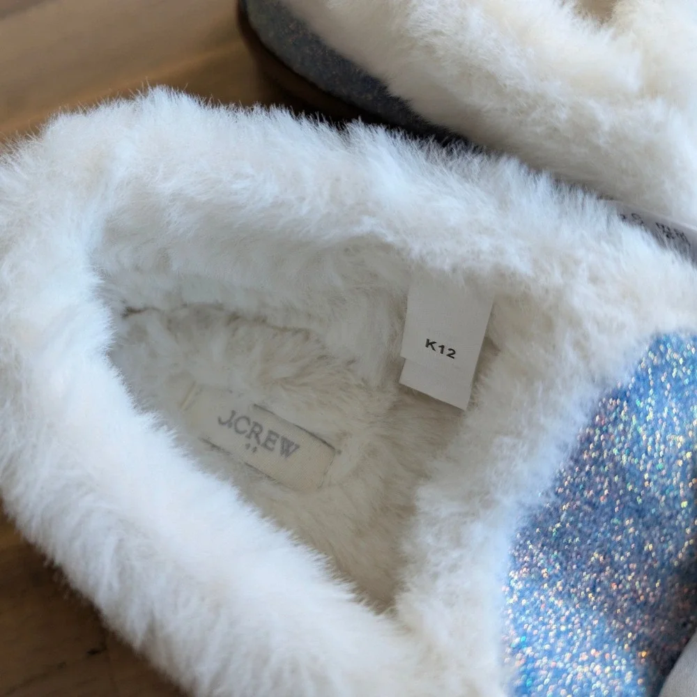 J.Crew Crewcuts Kids Glitter Slippers Size K12 Blue White Faux Fur NEW!